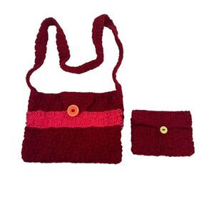 Handmade Crochet Knit Purse Set Red & Pink Yarn Button Shoulder Bag & Coin Pouch